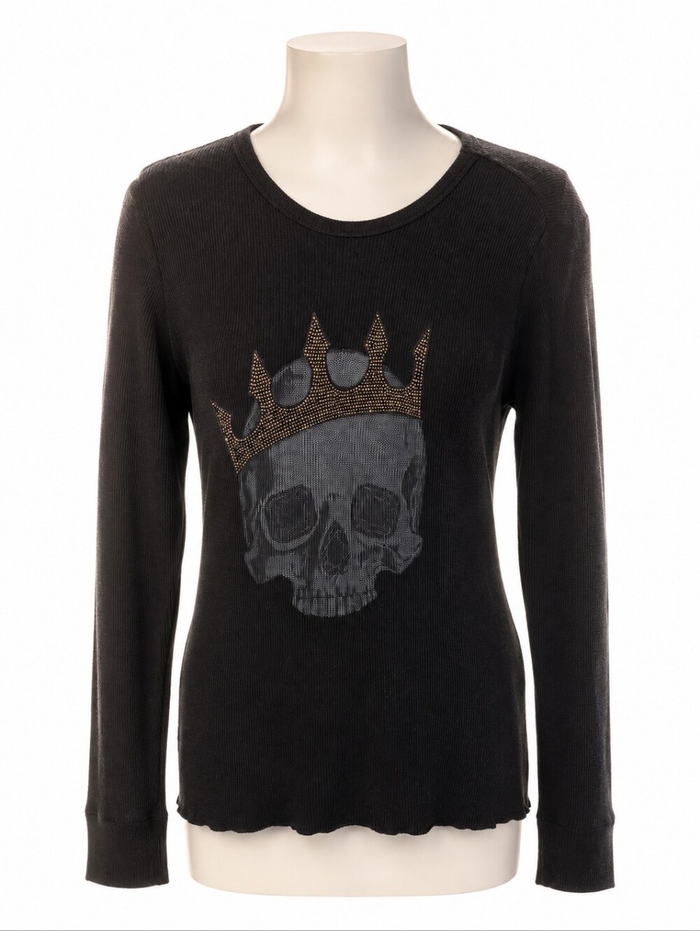 LAUREN MOSHI McKinley Black Thermal Top Crystal Crown Skull Graphic Tee Size L